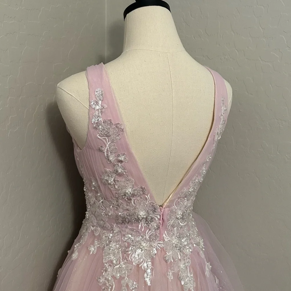 🔴CLEARANCE NEW JOVANI SZ 12 LIGHT PINK BEAD SHIMMER TULLE FIT FLARE FORMAL DRESS